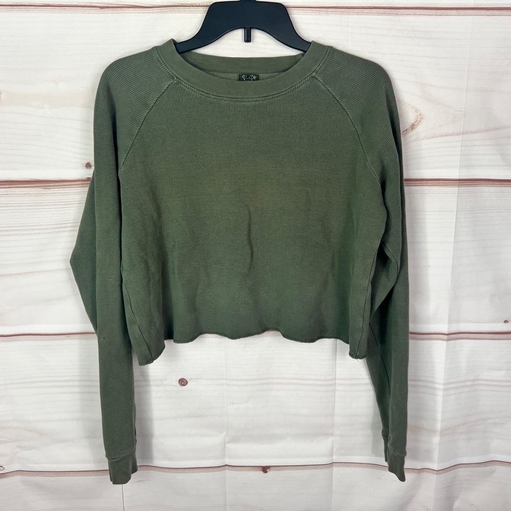 John Galt Top Womens One Size Green Cotton T-Shirt Waffle Knit Crop Long Sleeve
